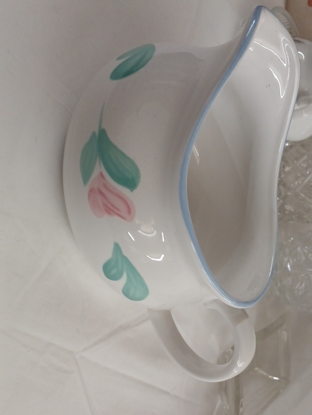 White Ceramic Creamer with Pink Floral and Green Leaves